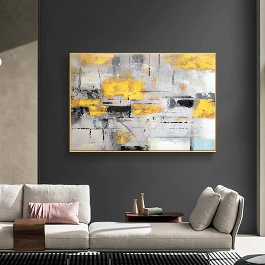 Yellow Hand-painted Original Room Gray Dining Abstract Canvas Artwork IMP1Z
